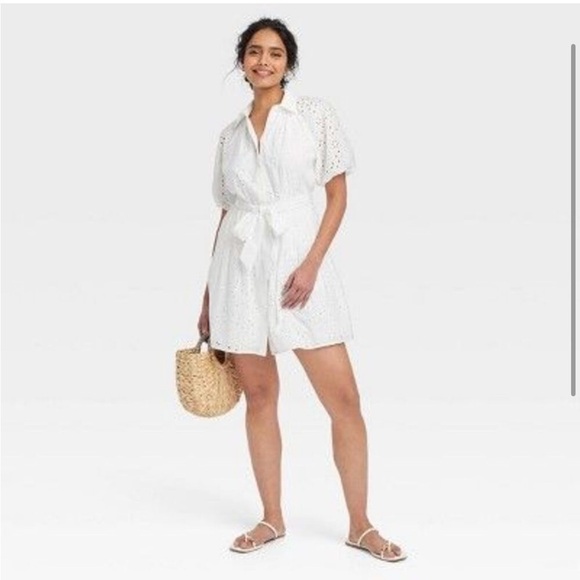 Women's Eyelet Balloon Elbow Sleeve Mini Shirtdress - A New Day White M NWT - Picture 2 of 2